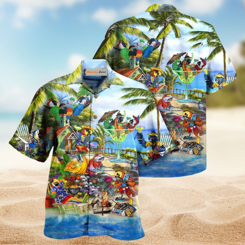 Tropical Summer Parrot Party Hawaiian Shirt For Coastal Getaways, Outdoor Gatherings, And Thoughtful Gift Giving