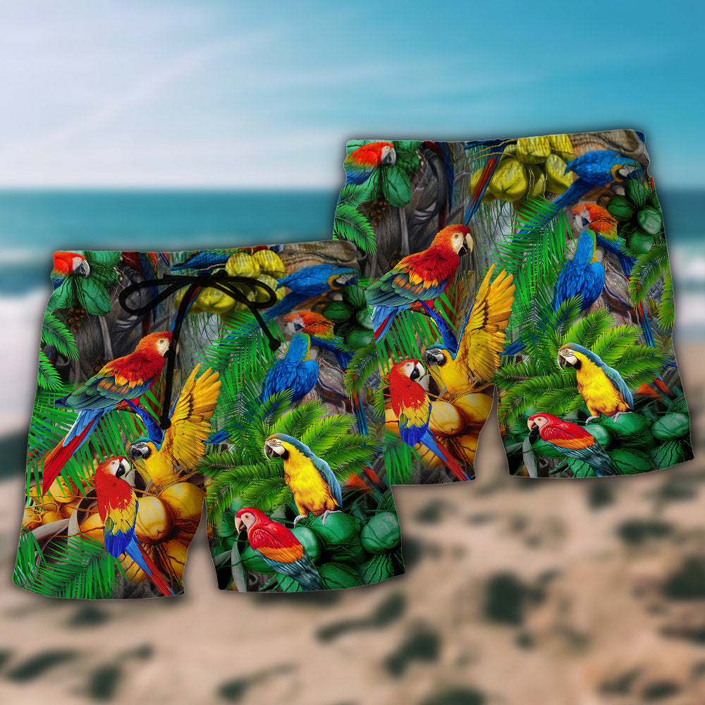 Parrot Coconut Tropical Beach Shorts Pattern Detail For Beachside Relaxation And Comfortable Daily Wear