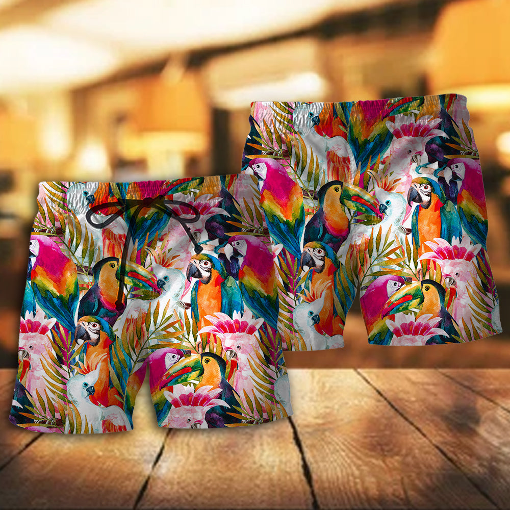Colorful Tropical Leaf Parrot Beach Shorts Pattern Detail For Resort Wear And Bright Seasonal Outfits