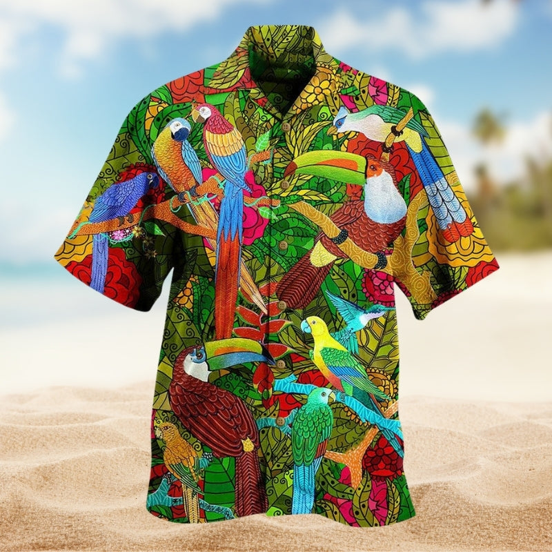 Parrots Human Sky Hawaiian Shirt For Resort Trips, Coastal Parties, And Warm Weather Style