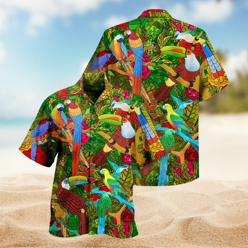 Parrots Human Sky Hawaiian Shirt For Resort Trips, Coastal Parties, And Warm Weather Style
