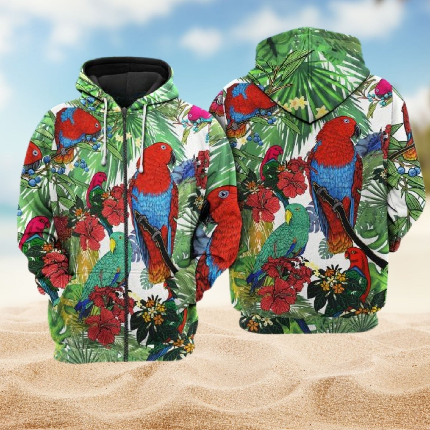 Red Green Parrots Hoodie For Everyday Streetwear Seasonal Travel And Gift Giving