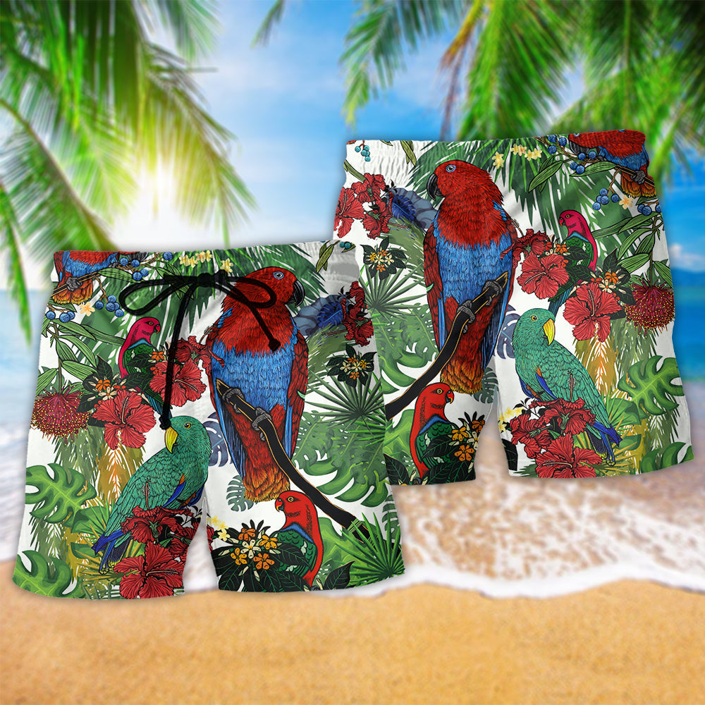 Parrot Flower Red Green Beach Shorts For Summer Vacation And Coastal Travel