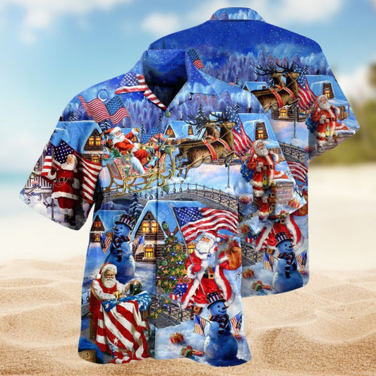 Patriotic Christmas Santa Hawaiian Shirt For Beach Days, Summer Outings, And Thoughtful Gift Giving