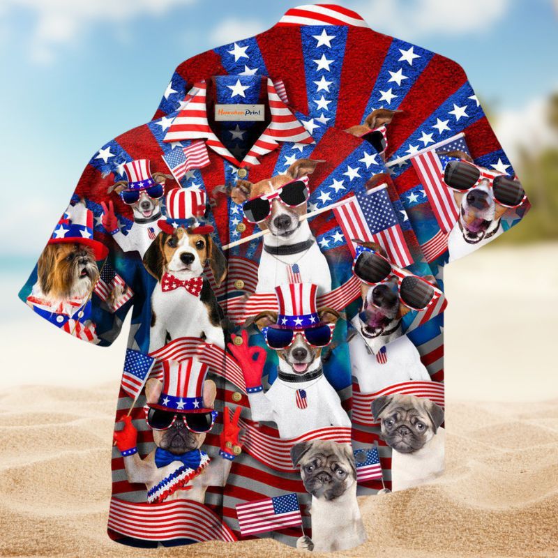 Patriotic Dogs Hawaiian Shirt For Patriotic Events, Summer Travel, And Casual Outdoor Wear