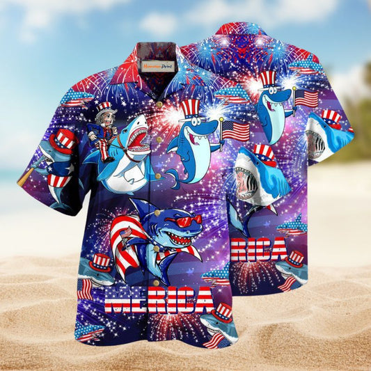 Patriotic Shark Hawaiian Shirt For Summer Vacation, Beach Travel, And Casual Wear