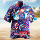 Patriotic Shark Hawaiian Shirt For Summer Vacation, Beach Travel, And Casual Wear
