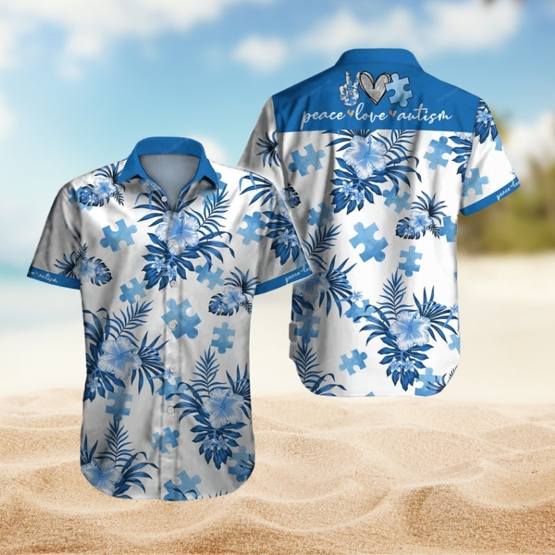 Peace Love Autism Awareness Hawaiian Shirt For Weekend Escape, Beach Party, And Vacation Outfit