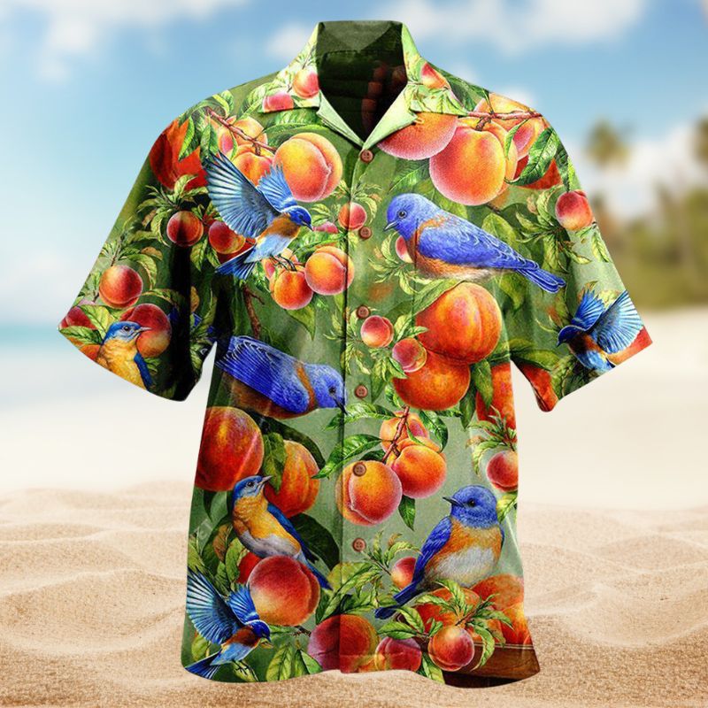 Peach Blue Birds Hawaiian Shirt For Island Vacations, Resort Wear, And Relaxed Seasonal Style