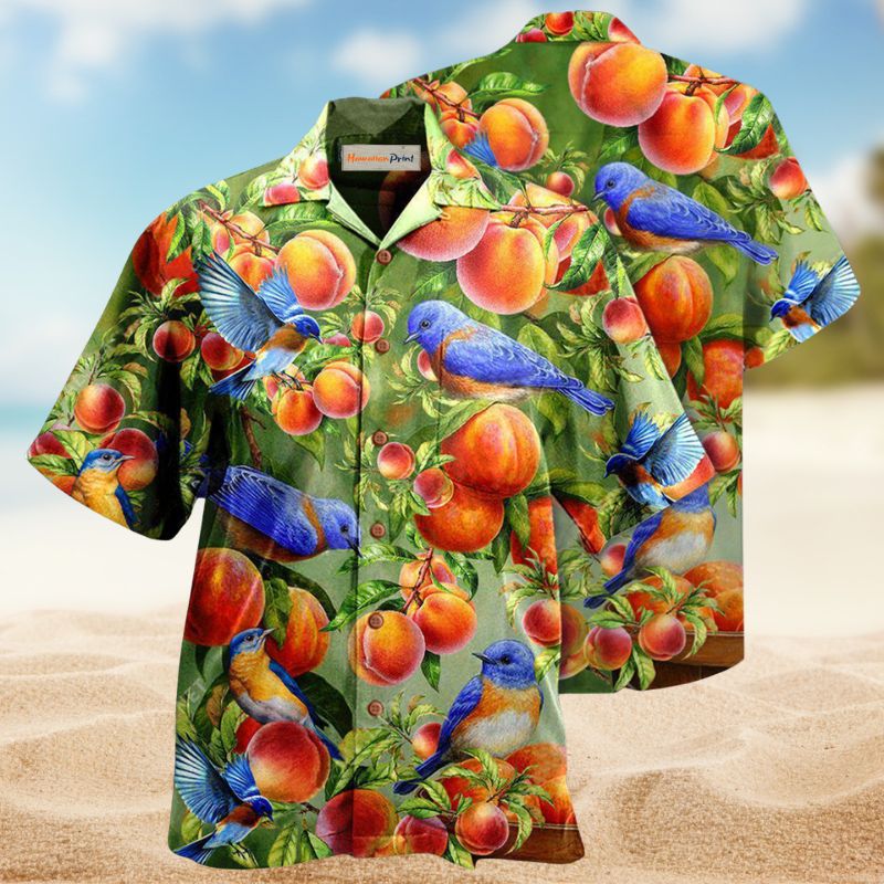 Peach Blue Birds Hawaiian Shirt For Island Vacations, Resort Wear, And Relaxed Seasonal Style
