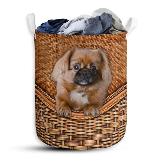 Dog Pekingese Rattan Texture Laundry Basket For Bathroom Bedroom Storage