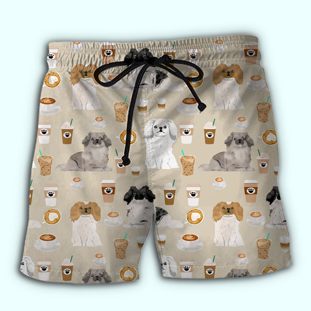 Pekingese Dog And Coffee Cozy Vibes Beach Shorts Pattern View For Resort Days And Outdoor Activities