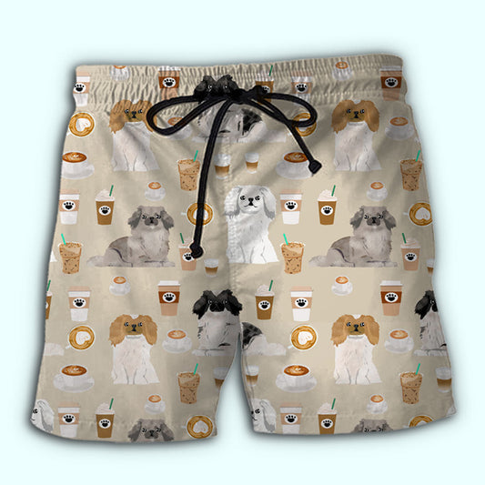 Pekingese Dog And Coffee Cozy Vibes Beach Shorts Pattern View For Resort Days And Outdoor Activities
