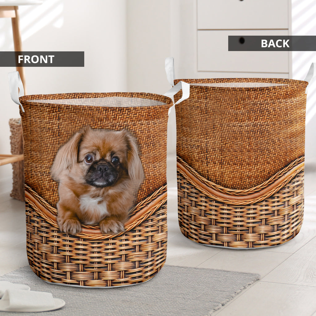 Dog Pekingese Rattan Texture Laundry Basket For Room Home Organizer
