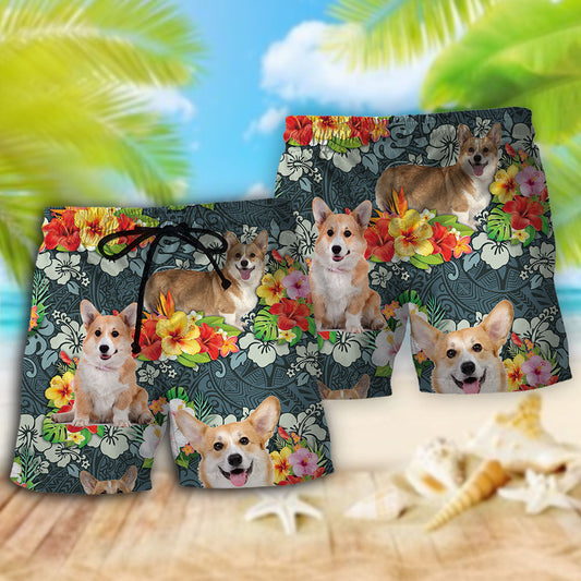 Corgi Tropical Floral Cute Beach Shorts For Resort Travel And Thoughtful Summer Gifting