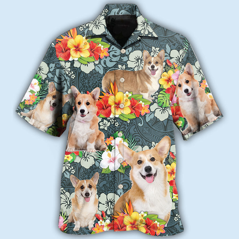 Tropical Floral Corgi Hawaiian Shirt For Summer Vacation And Beach Travel