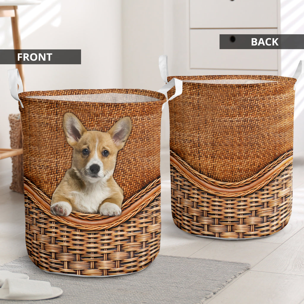 Dog Pembroke Welsh Corgis Rattan Texture Laundry Basket For Room Home Organizer