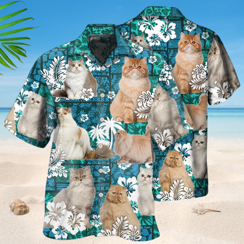 Tropical Persian Cat Hawaiian Shirt For Island Vacations, Resort Wear, And Relaxed Seasonal Style