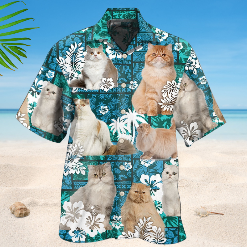 Tropical Persian Cat Hawaiian Shirt For Island Vacations, Resort Wear, And Relaxed Seasonal Style