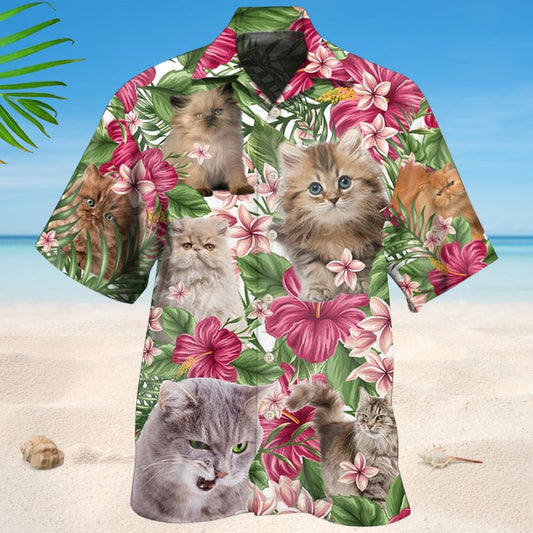 Floral Tropical Persian Cat Hawaiian Shirt For Resort Trips, Coastal Parties, And Warm Weather Style