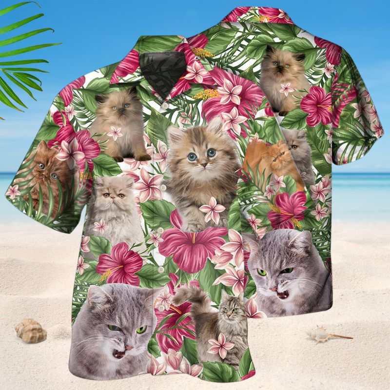 Floral Tropical Persian Cat Hawaiian Shirt For Resort Trips, Coastal Parties, And Warm Weather Style