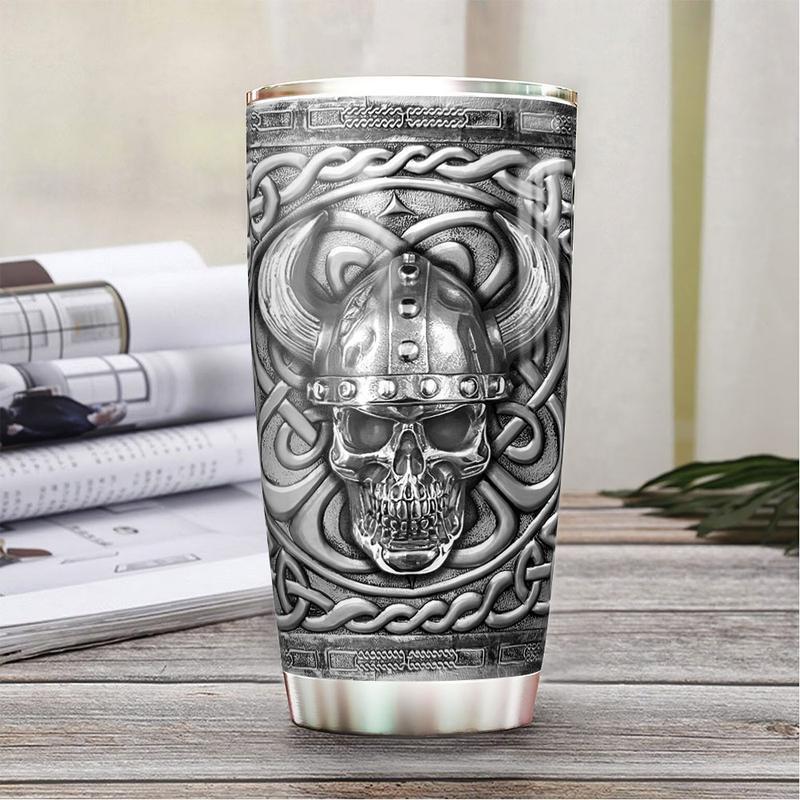 Viking Skull Silver 20 Oz Tumbler For Coffee Travel And Daily Drinks