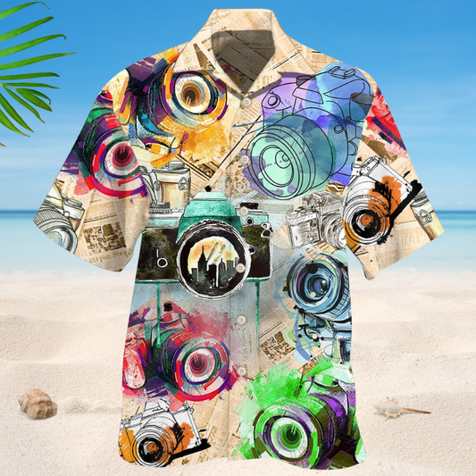 Vintage Photography Hawaiian Shirt For Summer Vacation, Beach Travel, And Casual Wear