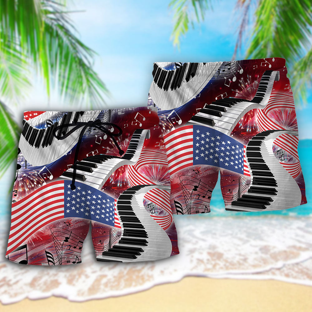 Piano Music Lover US Independence Day Beach Shorts Design View For Comfortable Resort And Beach Styling