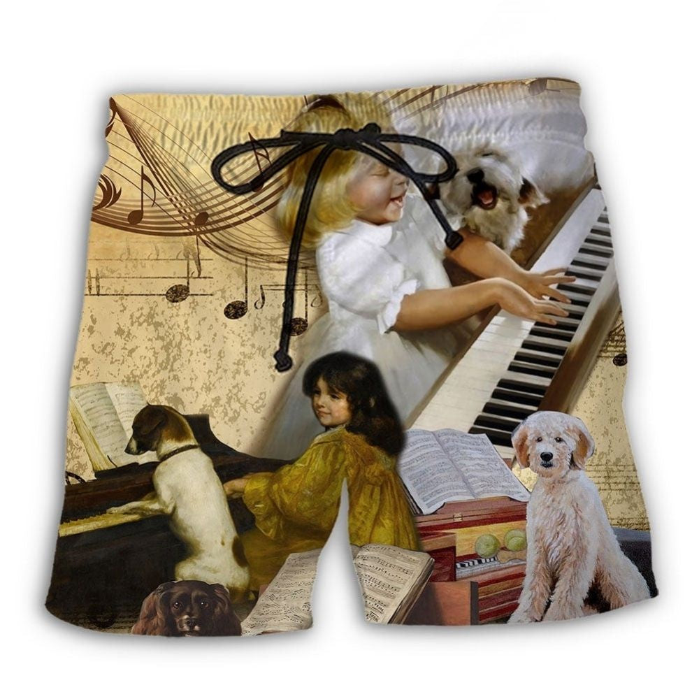 Piano Dog Lover Beach Shorts Artwork Detail For Comfortable Everyday Summer Wear