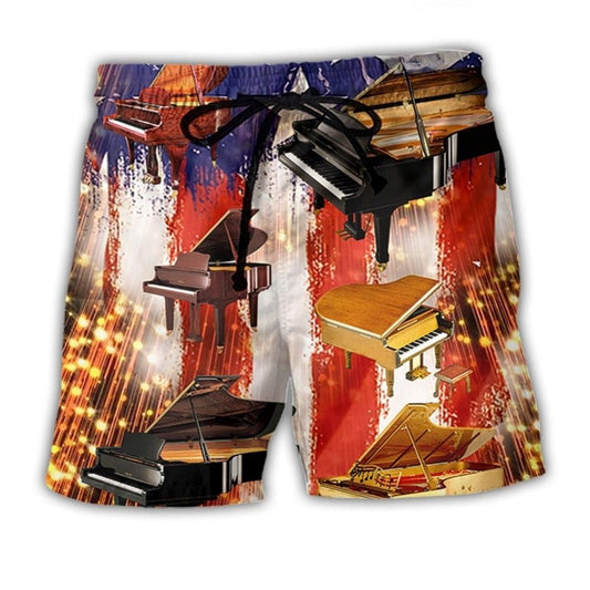 Piano USA Independence Day Celebration Beach Shorts Pattern View For Coastal Holidays And Casual Activities