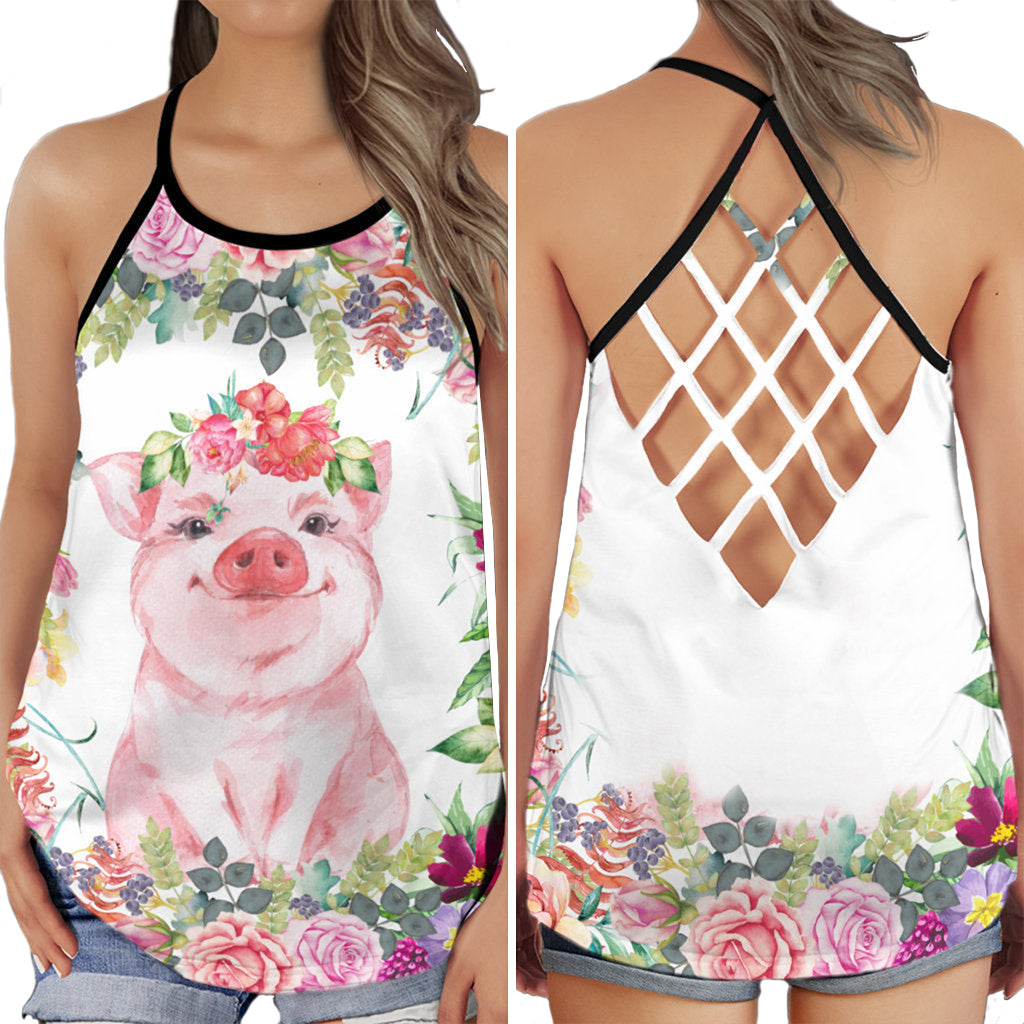 Pig Floral Cute Hollow Tank Top For Yoga Practice And Summer Outings