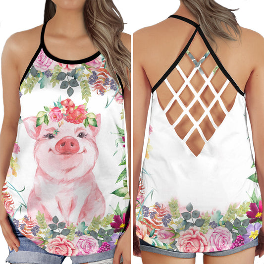 Pig Floral Cute Hollow Tank Top For Yoga Practice And Summer Outings