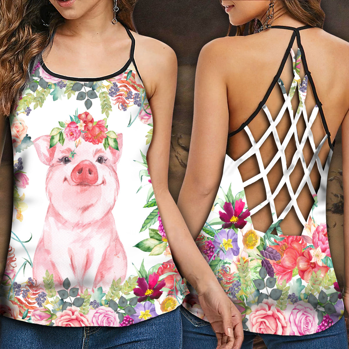 Lovely Pig Floral Hollow Tank Top For Yoga Practice And Summer Outings