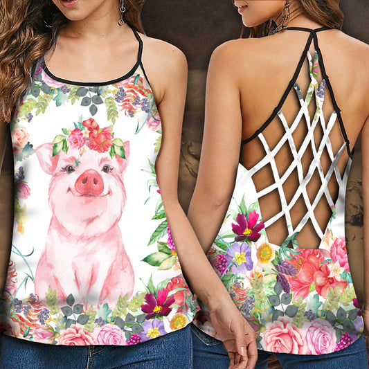 Lovely Pig Floral Hollow Tank Top For Yoga Practice And Summer Outings