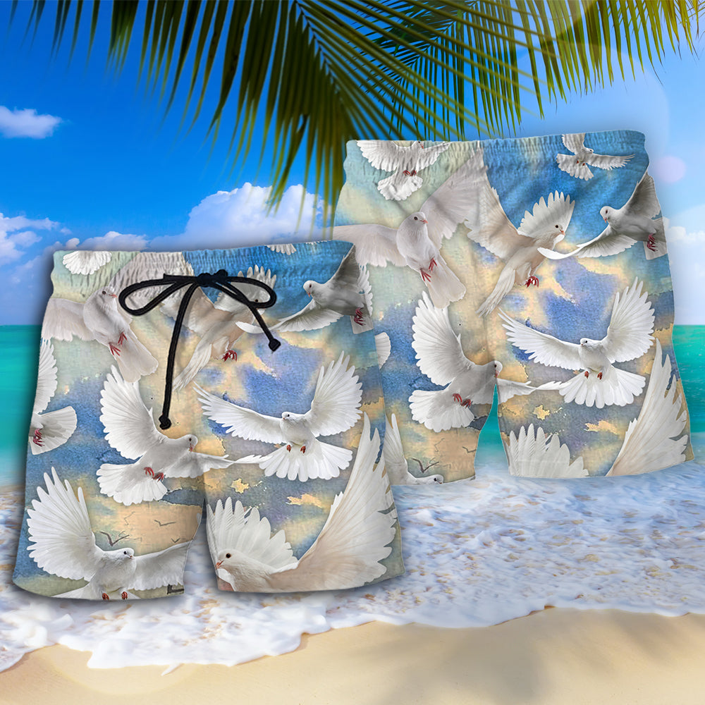 Pigeon Blue Sky Peaceful Beach Shorts Pattern View For Resort Days And Outdoor Activities