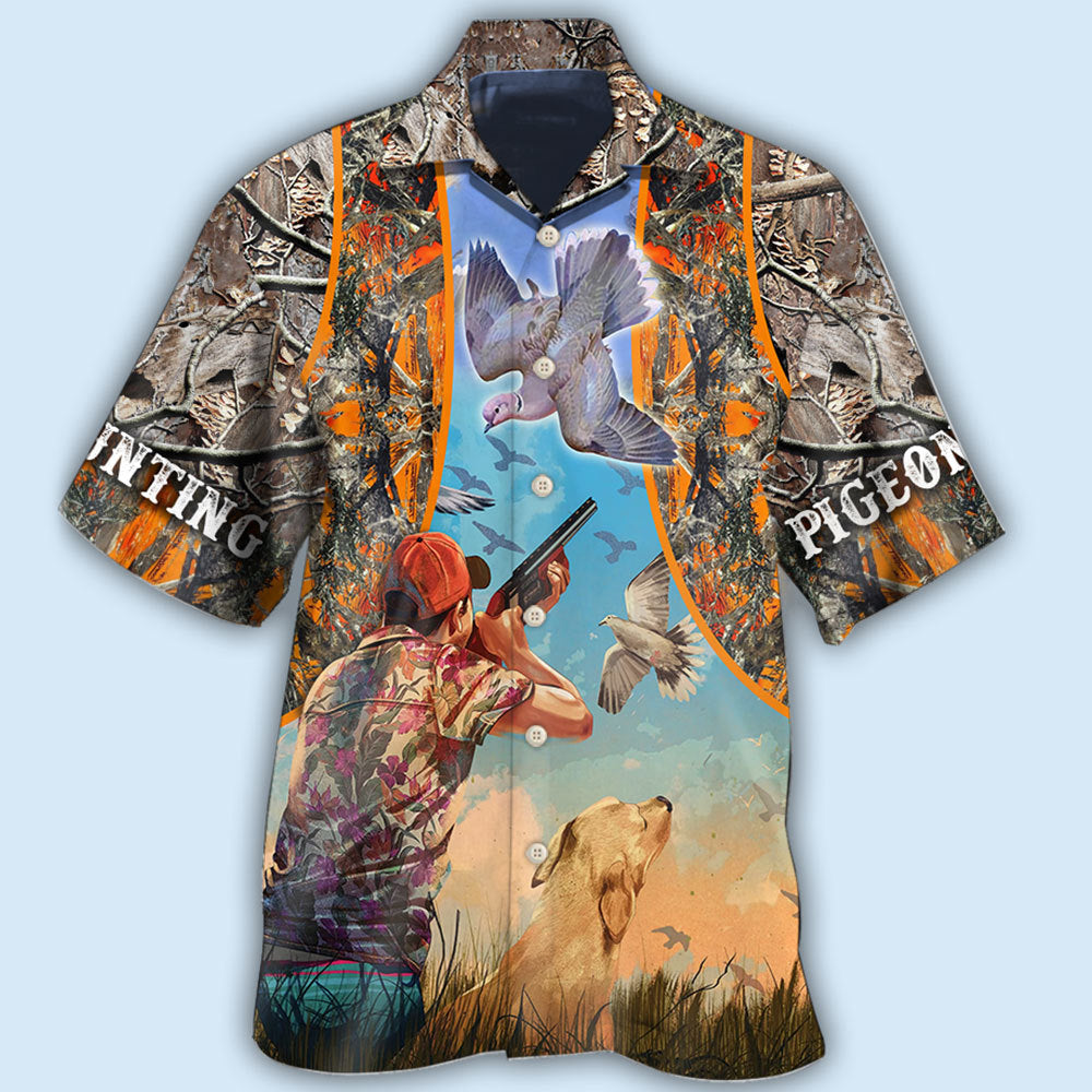 Orange Hunting Pigeon Hawaiian Shirt Artwork Detail For Resort Trips And Outdoor Activities