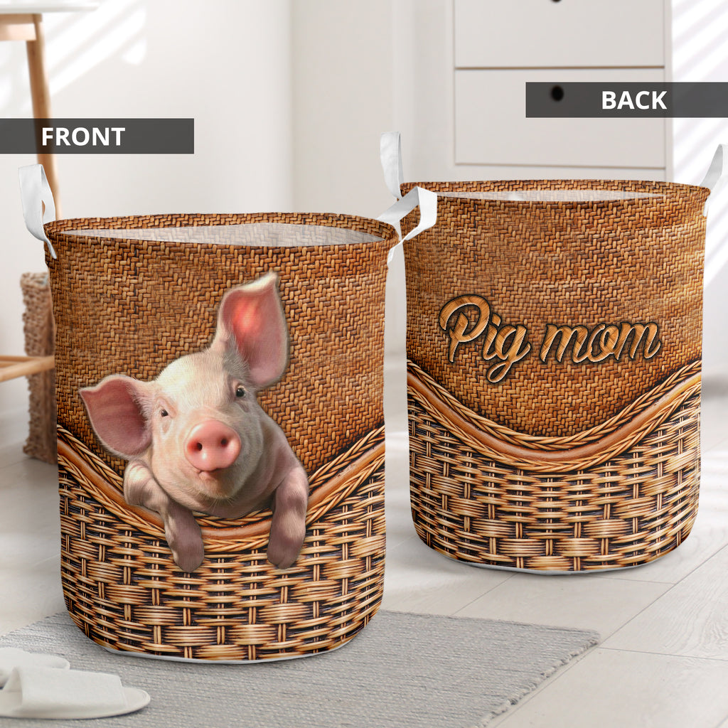 Pig Mom Rattan Texture Laundry Basket For Room Home Organizer