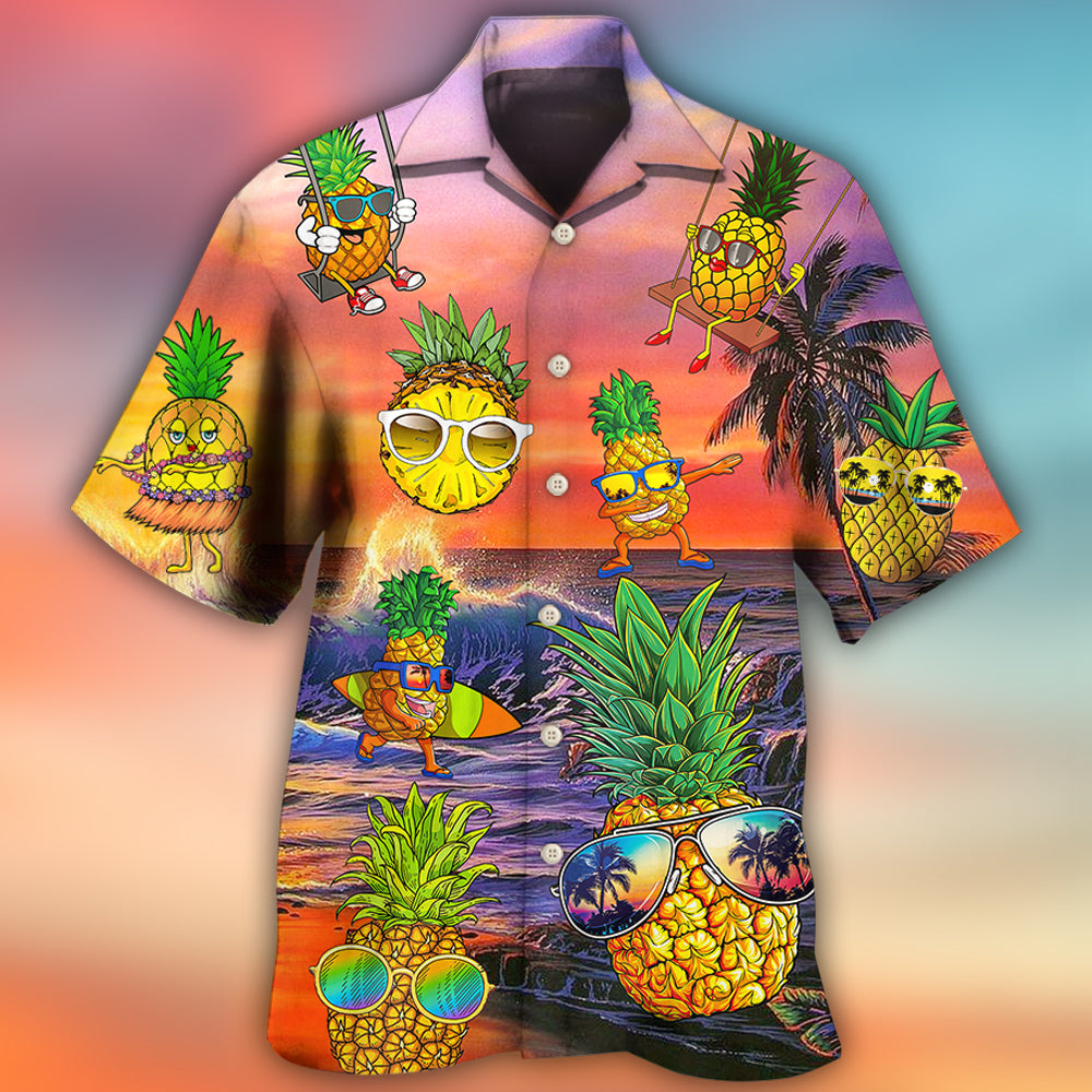 Playful Summer Tropical Fruit And Pineapple Hawaiian Shirt With Detailed Graphic For Vacation Parties Beach Outings And
