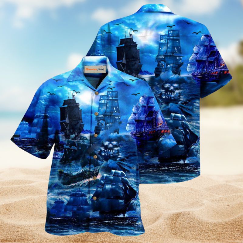 Pirate Moonlight Ship Hawaiian Shirt For Tropical Holidays, Outdoor Gatherings, And Everyday Comfort