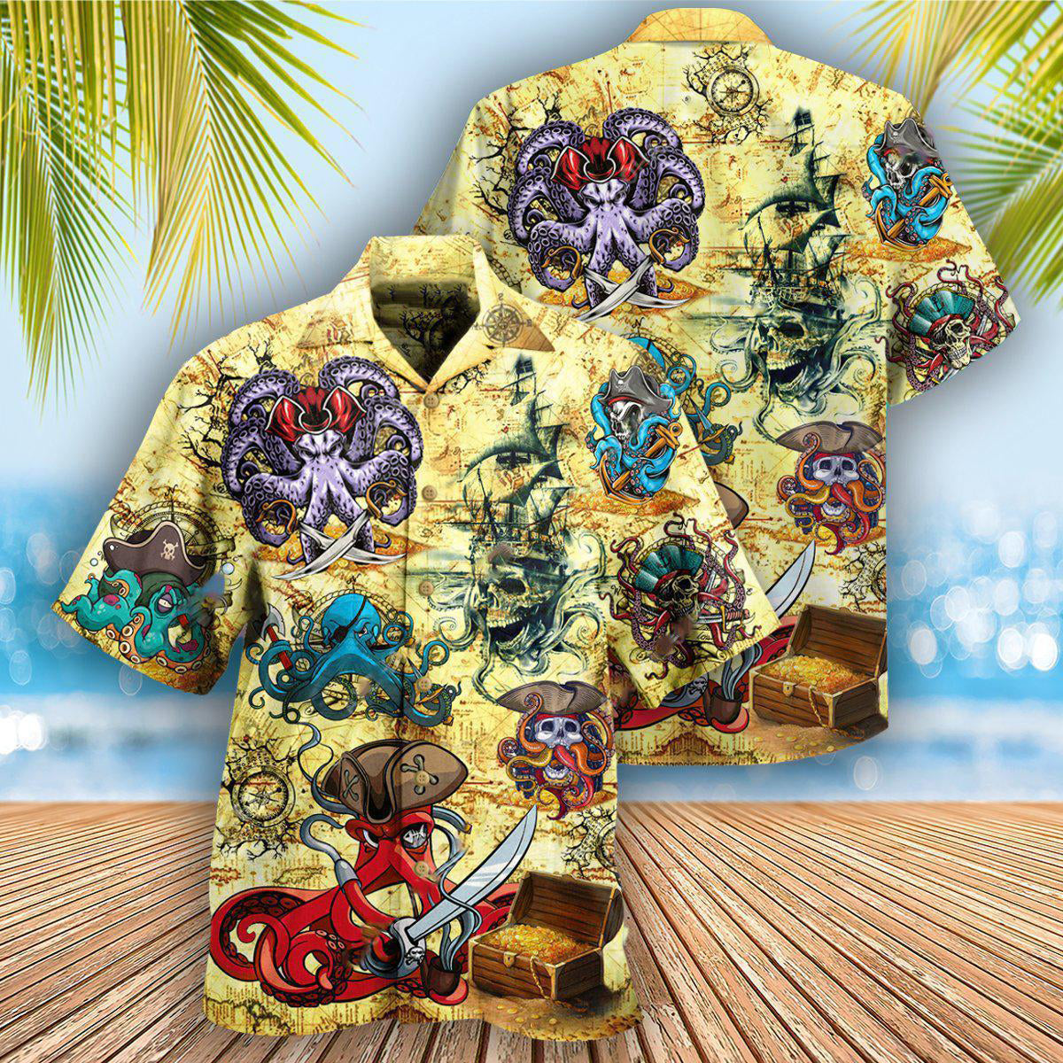 Funny Octopus Nautical Pirate Hawaiian Shirt Pattern Detail For Summer Holidays And Outdoor Fun