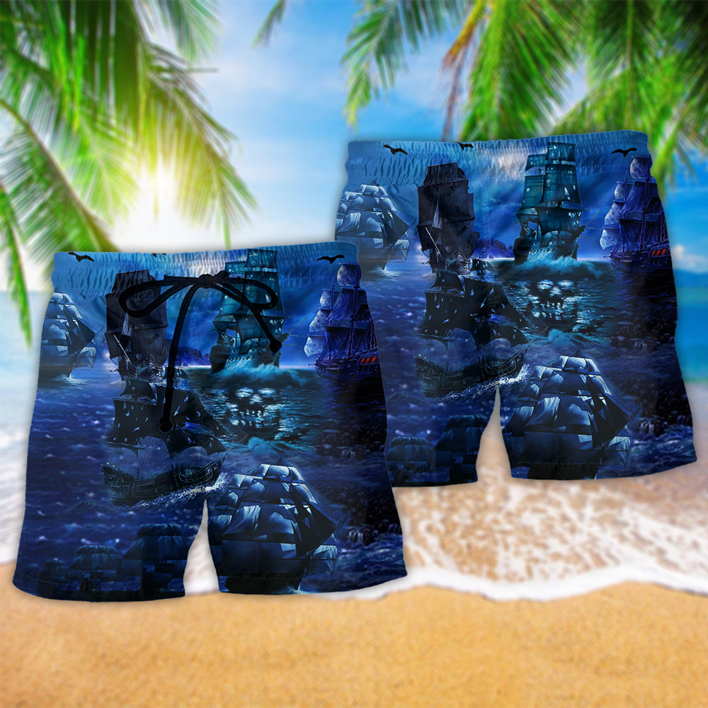 Pirate Ship Moonlight Beach Shorts Design Detail For Resort And Beach Day Style