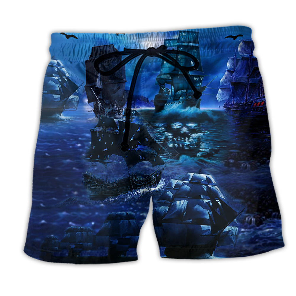 Pirate Ship Moonlight Beach Shorts For Summer Vacation And Coastal Travel