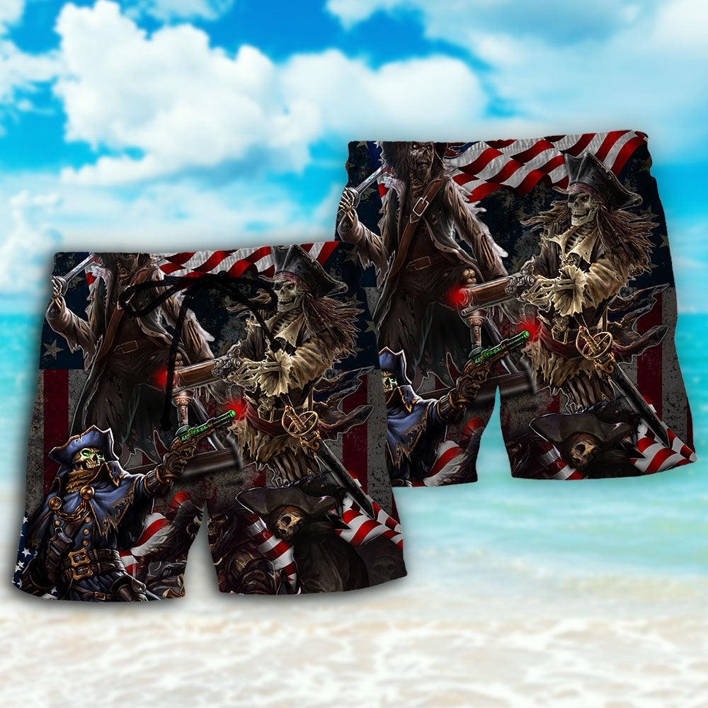 Pirate Skeleton USA Flag Celebration Beach Shorts Design View For Summer Events And Coastal Getaways