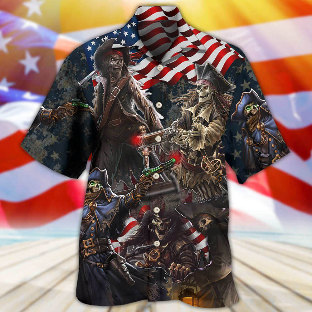 Nautical Pirate Skeleton USA Flag Independence Day Hawaiian Shirt Pattern View For Lightweight Everyday Style