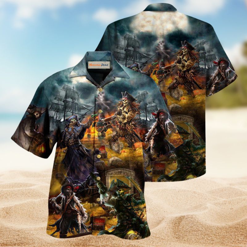 Pirate Skull Treasure Hunting Hawaiian Shirt For Resort Trips, Coastal Parties, And Warm Weather Style
