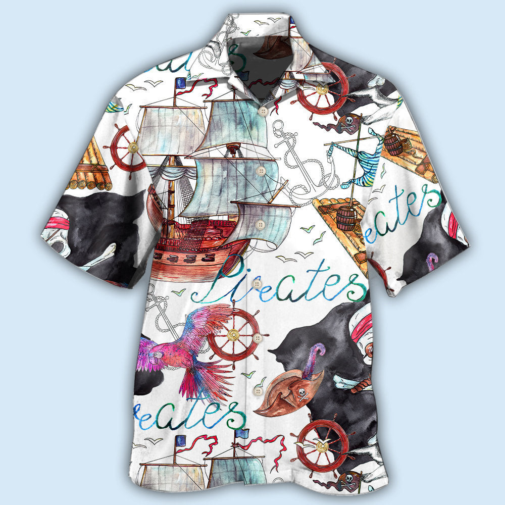 White Ship Nautical Pirate Anchor Hawaiian Shirt Pattern Detail For Summer Holidays And Outdoor Fun