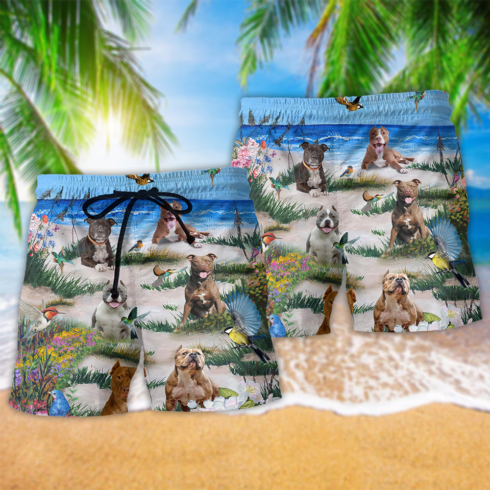 Blue Coastal Summer Pit Bull Beach Shorts Pattern Detail For Island Trips And Travel Ready Comfort