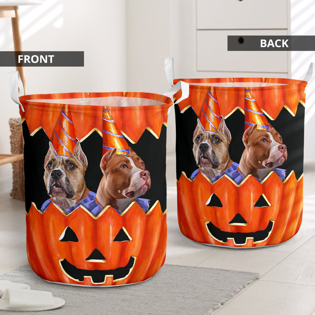 Dog Pitbull Pumpkin Painting Laundry Basket For Room Home Organizer