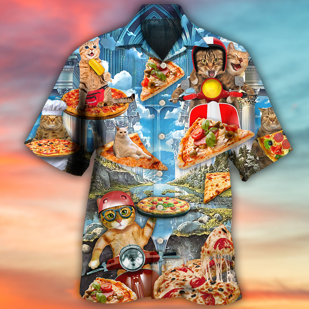 Funny Cat Pizza Hawaiian Shirt Design Detail For Beach Days And Holiday Travel