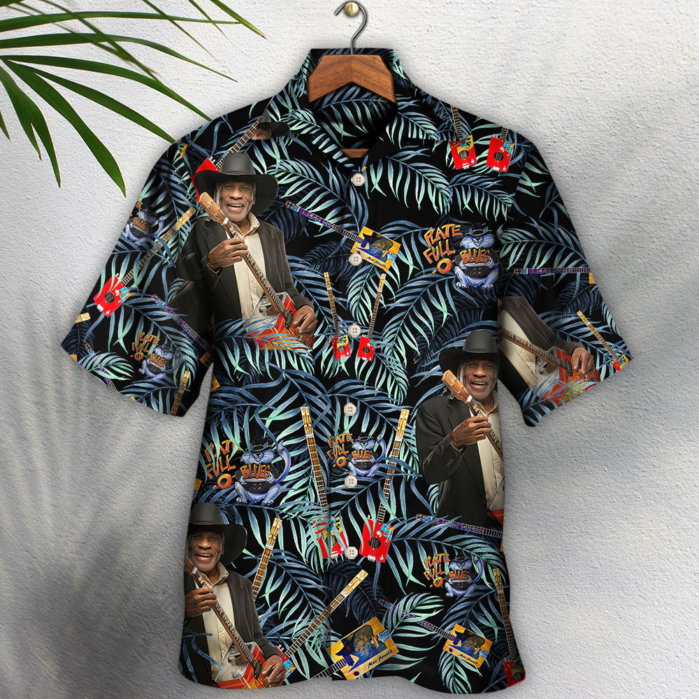 Vintage Guitar Blues Music Hawaiian Shirt Pattern View For Relaxed Warm Weather Outfits